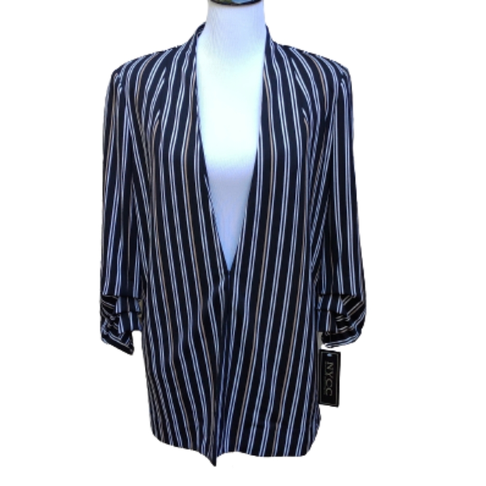 NYCC Black Striped Blazer 3/4 Ruched Sleeves NWT Hook Closure
